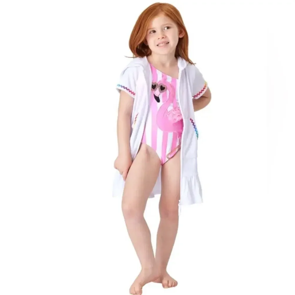 Flapdoodles Pink Flamingo Swimsuit White Cover-Up Set 3T NWT